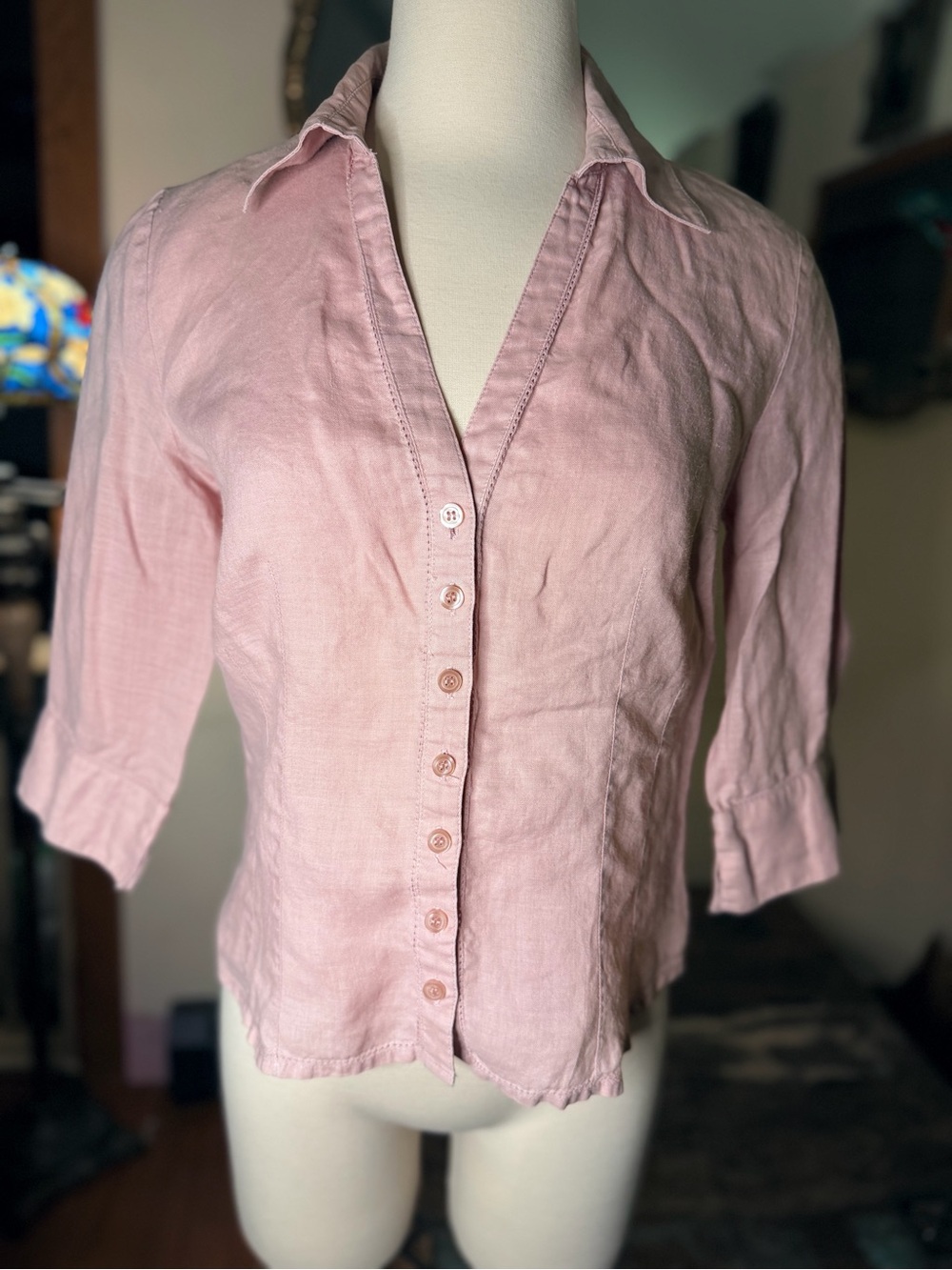 Classic Pink Button-Front Women's Linen Top